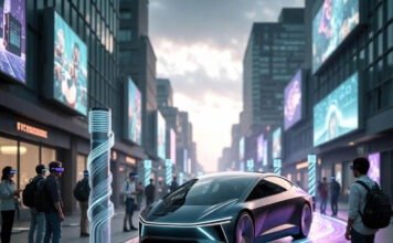 How Futuristic Cars Will Change Urban Infrastructure from Smart Roads to Charging Stations Futuristic urban street with autonomous vehicle, spiral charging tower, and pedestrians in augmented reality visors.