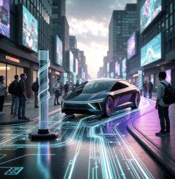 How Futuristic Cars Will Change Urban Infrastructure from Smart Roads to Charging Stations Futuristic urban street with autonomous vehicle, spiral charging tower, and pedestrians in augmented reality visors.