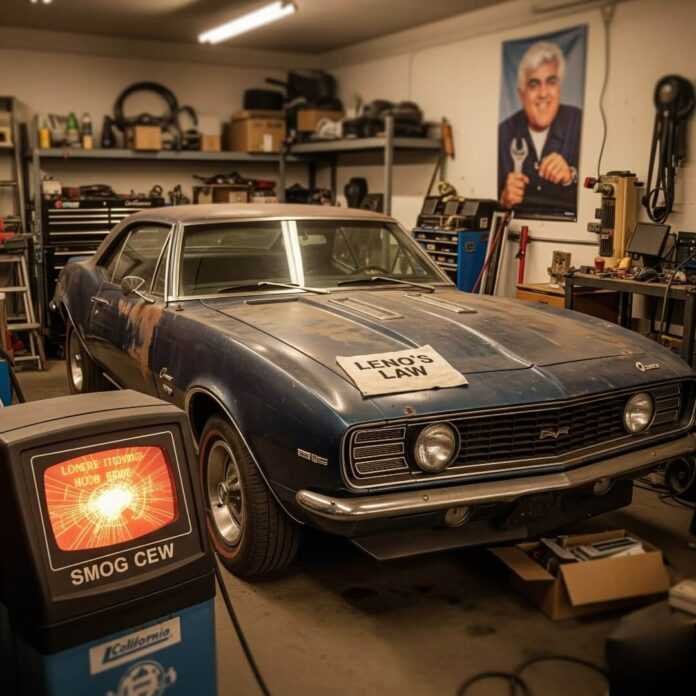 A messy California garage with a beat-up 1967 Camaro, a glowing orange smog check machine, and a "Leno's Law" rag on the car's hood. A messy California garage with a beat-up 1967 Camaro, a glowing orange smog check machine, and a "Leno's Law" rag on the car's hood.