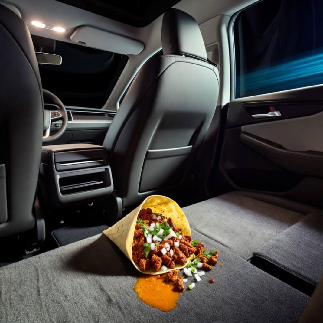 Spilled taco upside-down on Waymo floor, empty seat judges. Spilled taco upside-down on Waymo floor, empty seat judges.