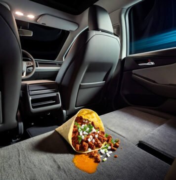 Uber and Waymo’s Expansion of Autonomous Vehicle Services Spilled taco upside-down on Waymo floor, empty seat judges.