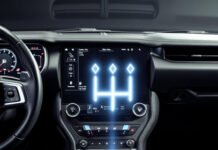 Ford’s Innovative Manual Transmission Patent for Electric Vehicles Glowing H-shifter floating in Mach-E console