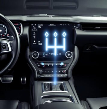 Ford’s Innovative Manual Transmission Patent for Electric Vehicles Glowing H-shifter floating in Mach-E console