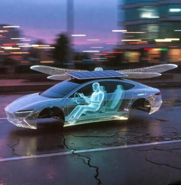 The Car of 2050: What Will Automobiles Look Like in the Future Sleek translucent automobile with holographic driver hovering over rain-slicked road.