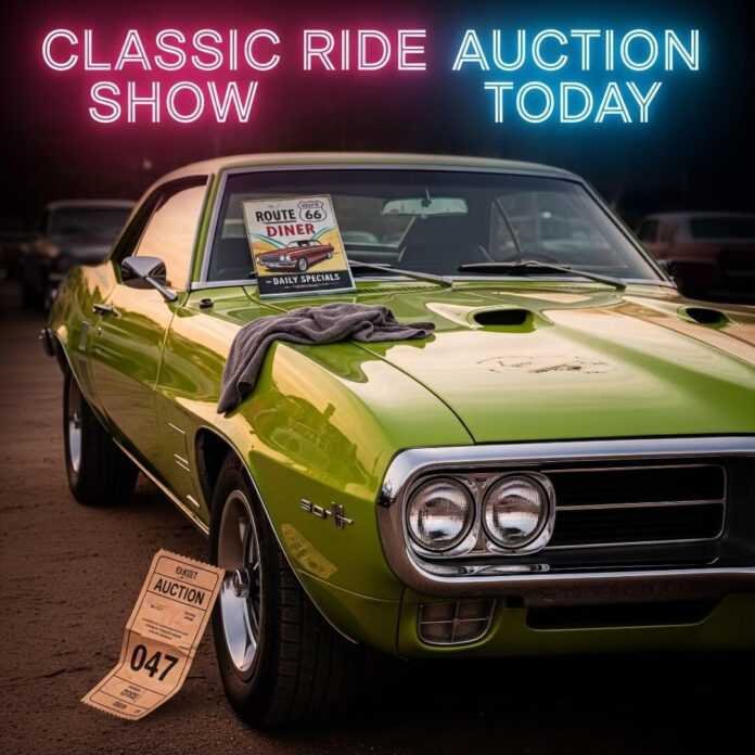 A shiny 1969 Pontiac Firebird parked under a flickering neon car show sign, with a crumpled auction ticket and a greasy rag on the hood. A retro diner menu is tucked under the wiper. A shiny 1969 Pontiac Firebird parked under a flickering neon car show sign, with a crumpled auction ticket and a greasy rag on the hood. A retro diner menu is tucked under the wiper.