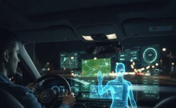 Holograms and Voice Assistants: The Future of Human-Car Interaction Holographic AI assistant guides driver in car cabin.