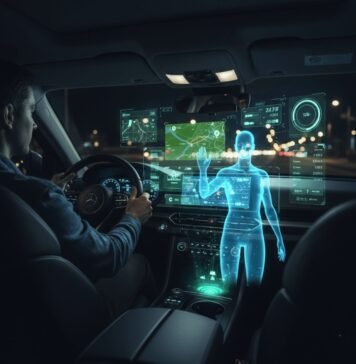 Holograms and Voice Assistants: The Future of Human-Car Interaction Holographic AI assistant guides driver in car cabin.