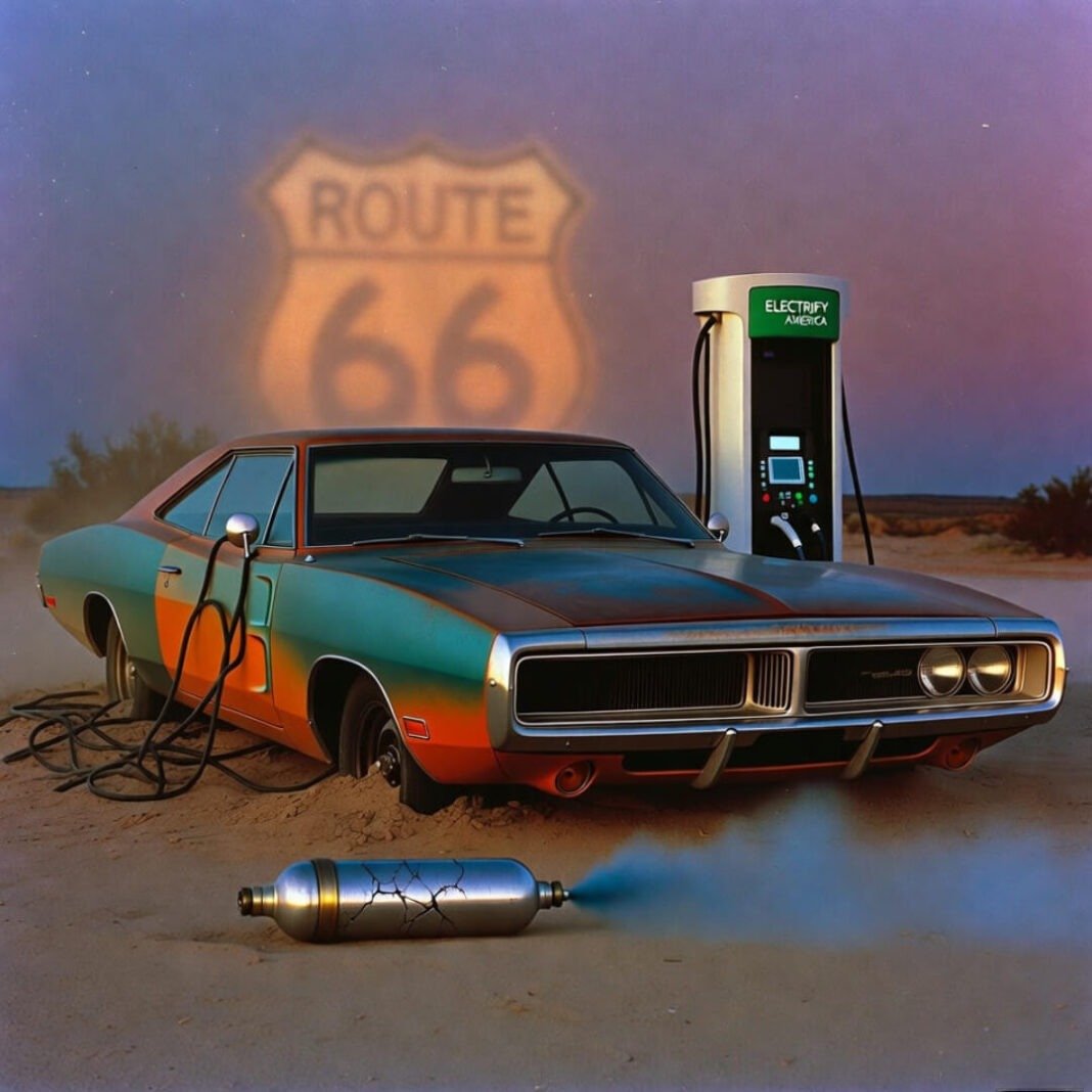 A slightly blurry photo of a blue 1966 Chevrolet Impala at a dusty Texas auction lot at dusk, with a crumpled bidding paddle on the ground and a crowd in the background. A green neon sign with the word "AUCTION" hangs above the car. A slightly blurry photo of a blue 1966 Chevrolet Impala at a dusty Texas auction lot at dusk, with a crumpled bidding paddle on the ground and a crowd in the background. A green neon sign with the word "AUCTION" hangs above the car.