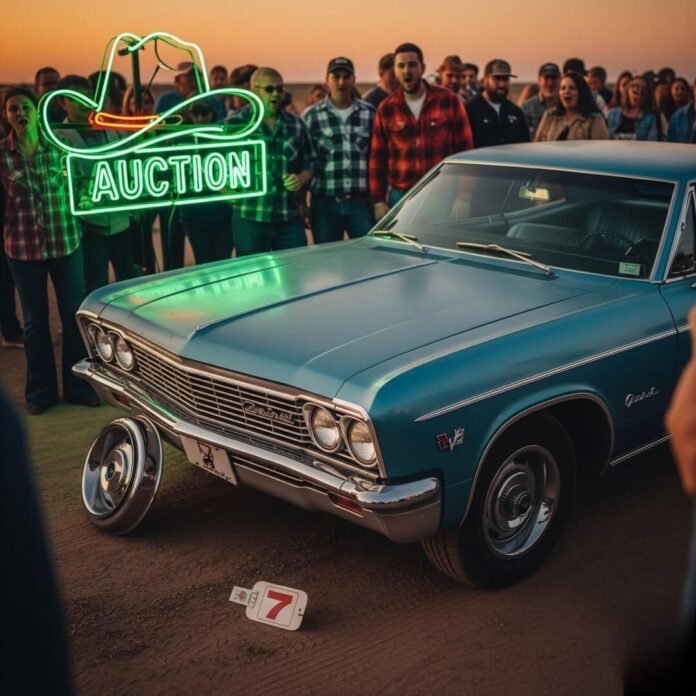 A slightly blurry photo of a blue 1966 Chevrolet Impala at a dusty Texas auction lot at dusk, with a crumpled bidding paddle on the ground and a crowd in the background. A green neon sign with the word "AUCTION" hangs above the car. A slightly blurry photo of a blue 1966 Chevrolet Impala at a dusty Texas auction lot at dusk, with a crumpled bidding paddle on the ground and a crowd in the background. A green neon sign with the word "AUCTION" hangs above the car.