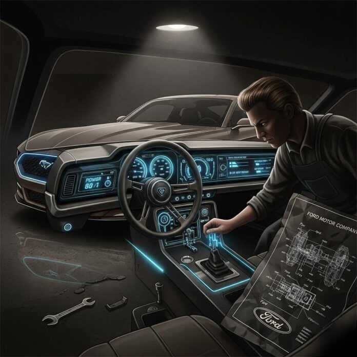 A vintage-inspired digital illustration of a person hunched over the manual shifter of a Ford Mustang EV prototype in a dimly lit garage. A crumpled blueprint lies on the seat. A vintage-inspired digital illustration of a person hunched over the manual shifter of a Ford Mustang EV prototype in a dimly lit garage. A crumpled blueprint lies on the seat.