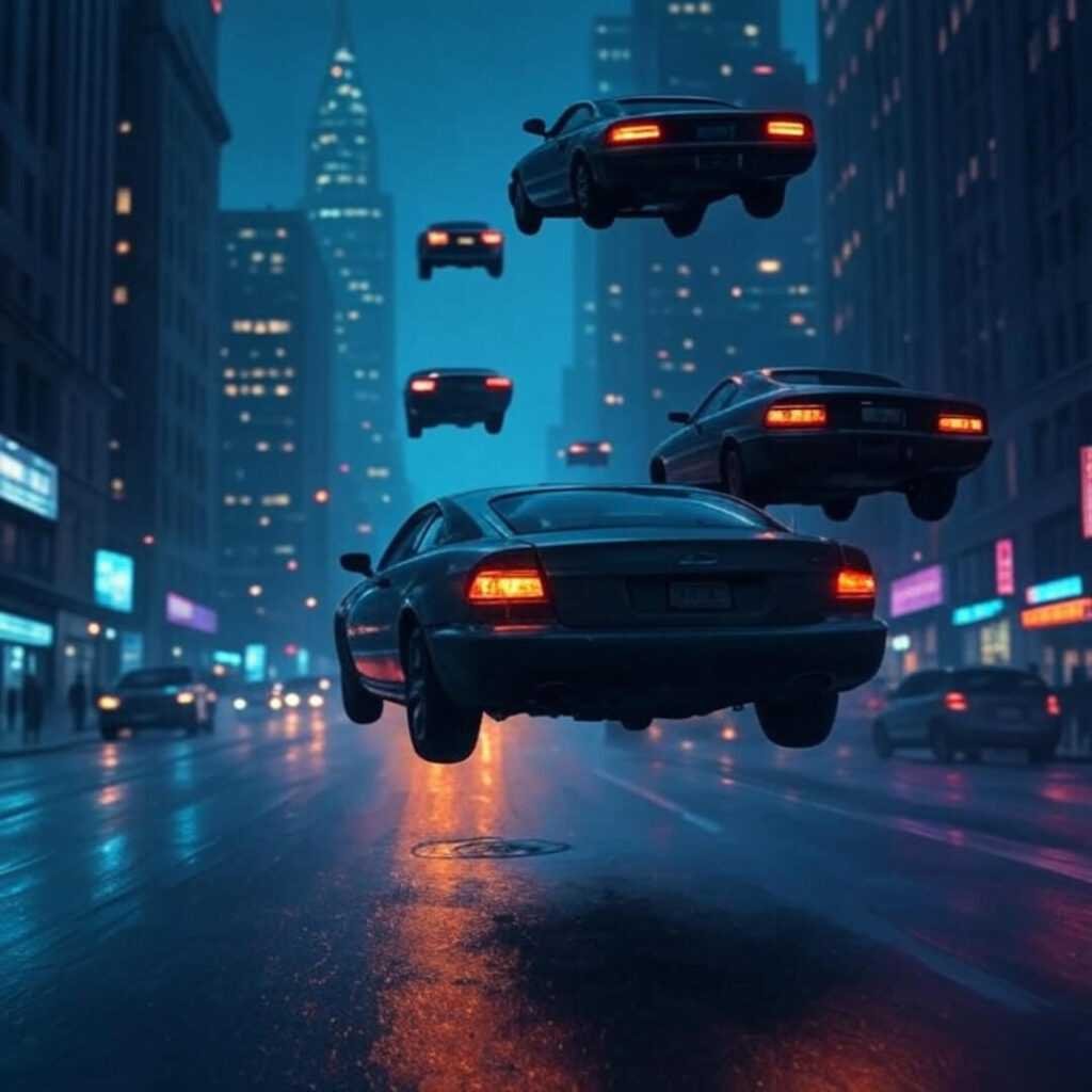 Flying cars dart over city skyline, flickering taillight.