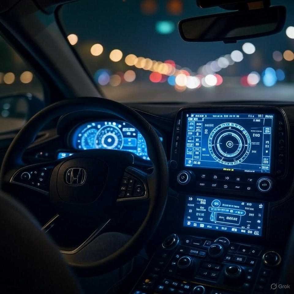 Nervous POV of glowing self-driving car dashboard.