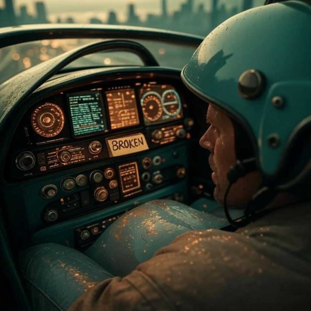 Vintage dashboard with "BROKEN" note, holographic glow.