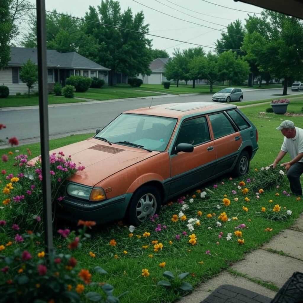 Flying car crashes lawn, neighbor glares from porch.