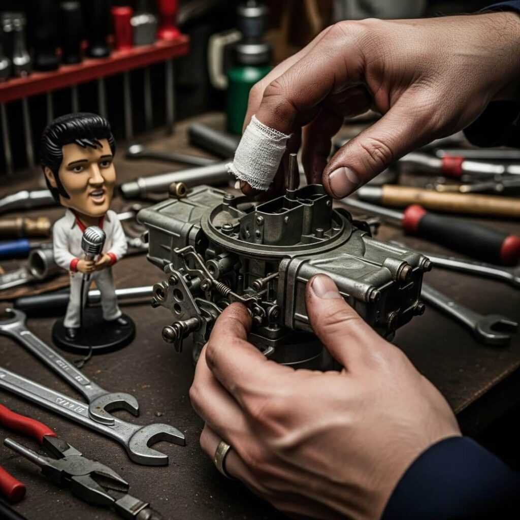 A close-up of oil-stained hands, with one finger bandaged, fumbling with a carburetor. An Elvis bobblehead is on the workbench.