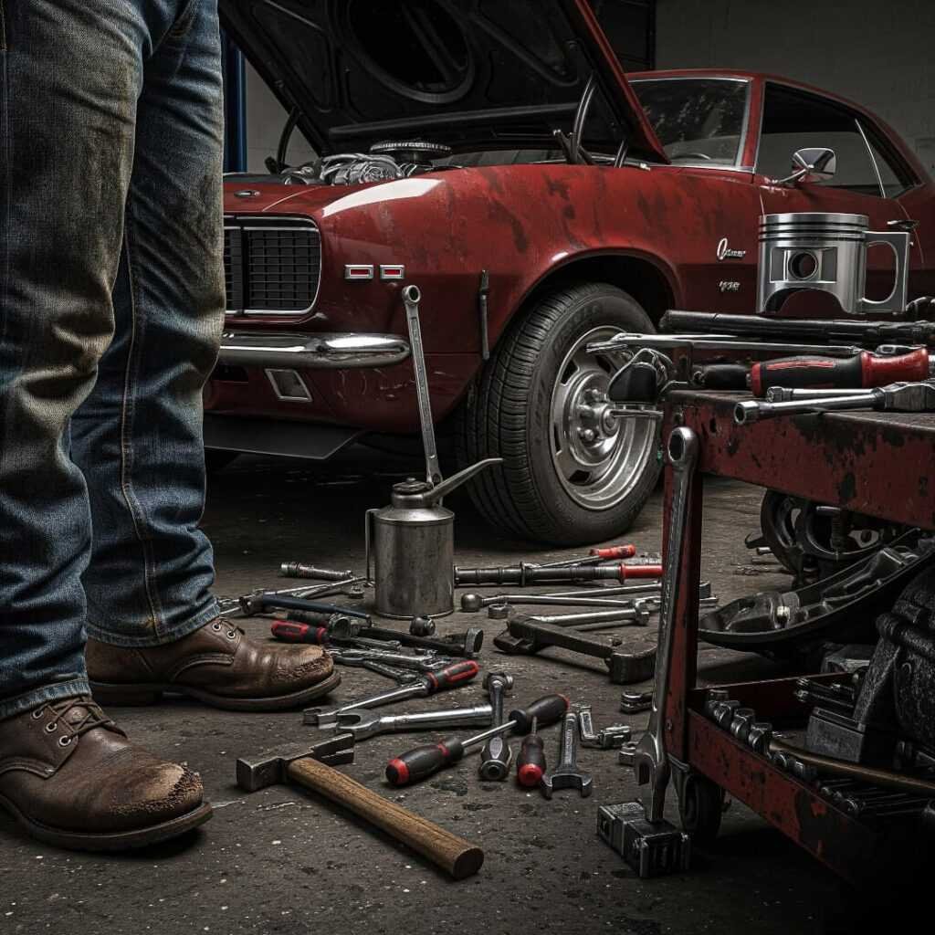 A low-angle view of scuffed boots and oil-stained jeans next to a Camaro's open hood, with a piston-shaped coffee mug on the workbench.