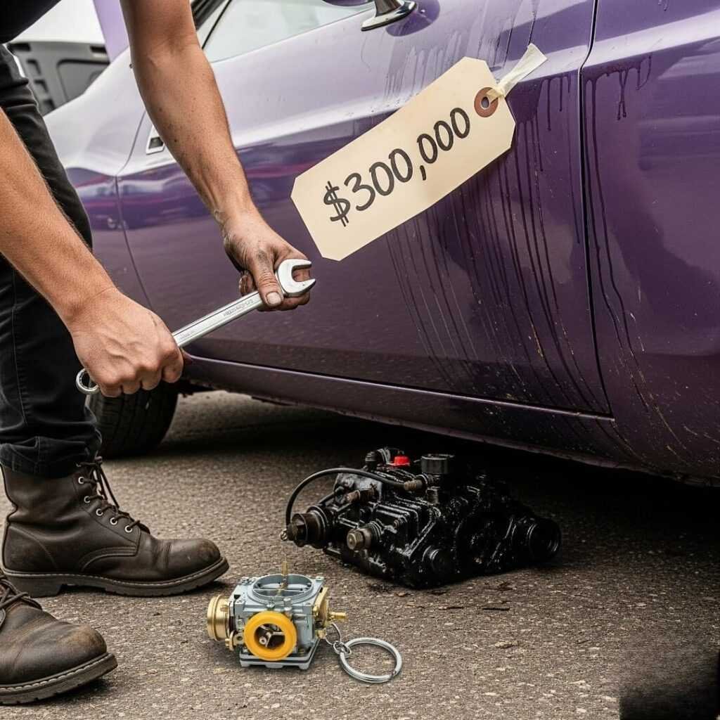A low-angle view of scuffed boots and greasy hands next to a 1970 Dodge Challenger, with a price tag on the door and a carburetor-shaped keychain on the ground.