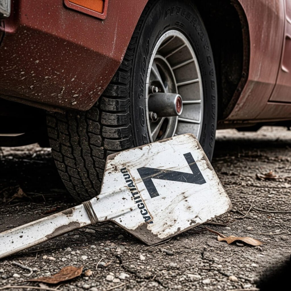 A crumpled auction paddle lies in the dirt next to a 1970 Dodge Charger's tire.