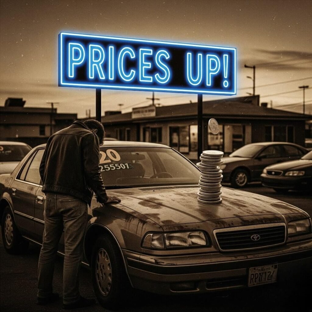 A high-resolution, vintage-inspired image with a grainy film texture of a used car lot at dusk. A flickering neon sign reads “Prices Up!” A defeated customer is looking at a rusty sedan. A stack of coins is teetering on the car’s hood. The color palette is sepia tones with flashes of electric blue.