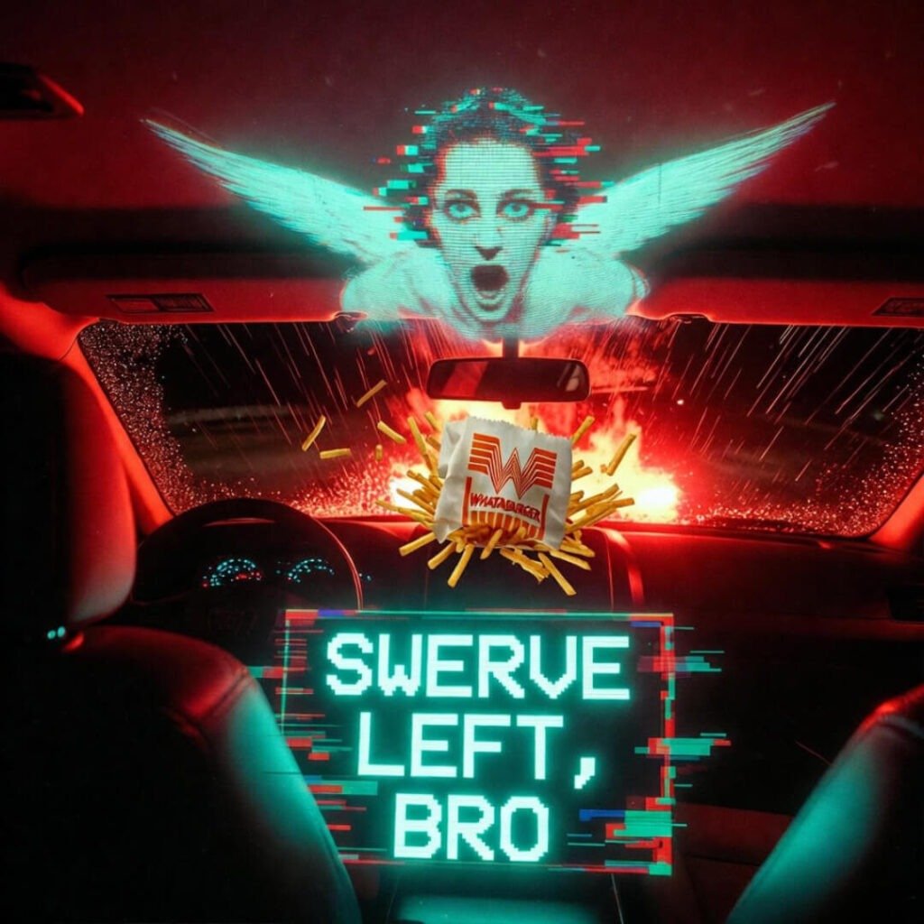 Quantum navigation app, sweaty reflection, rainy freeway chaos.