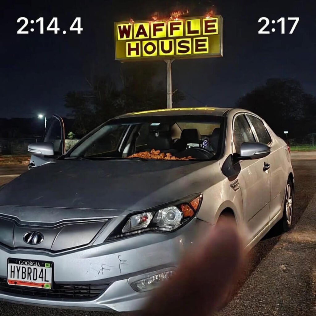 Nighttime Optima at Waffle House, messy interior.