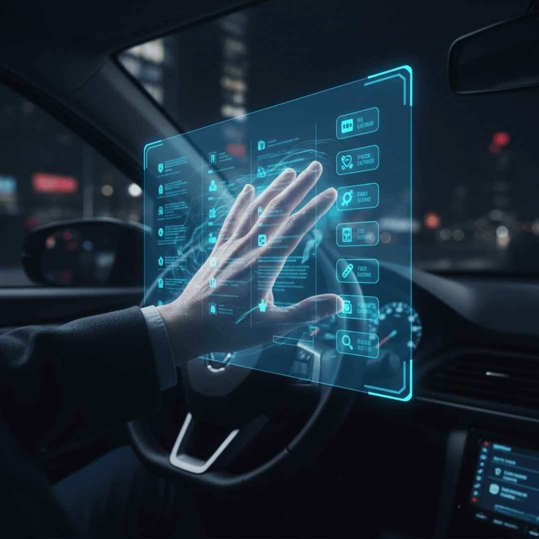 Driver's hand touches floating, rippling holographic menu.