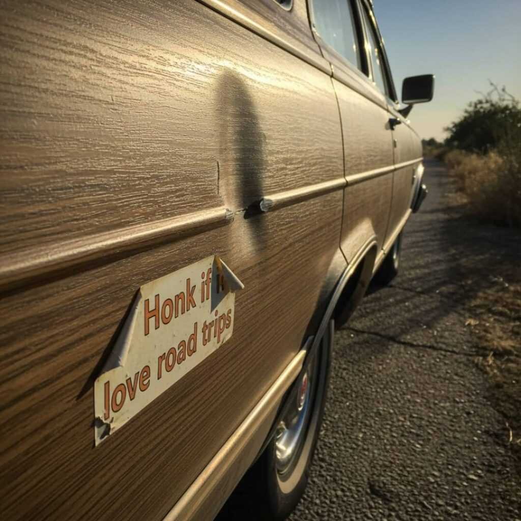 Dented wood-paneled car with peeling sticker, pretzel.