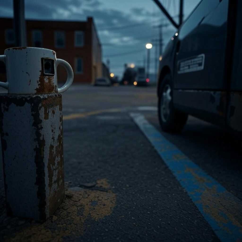 Dingy lot EV charger, chipped mug wobbles on post.
