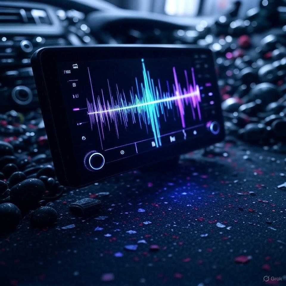 Voice assistant soundwave pulses on cluttered touchscreen.