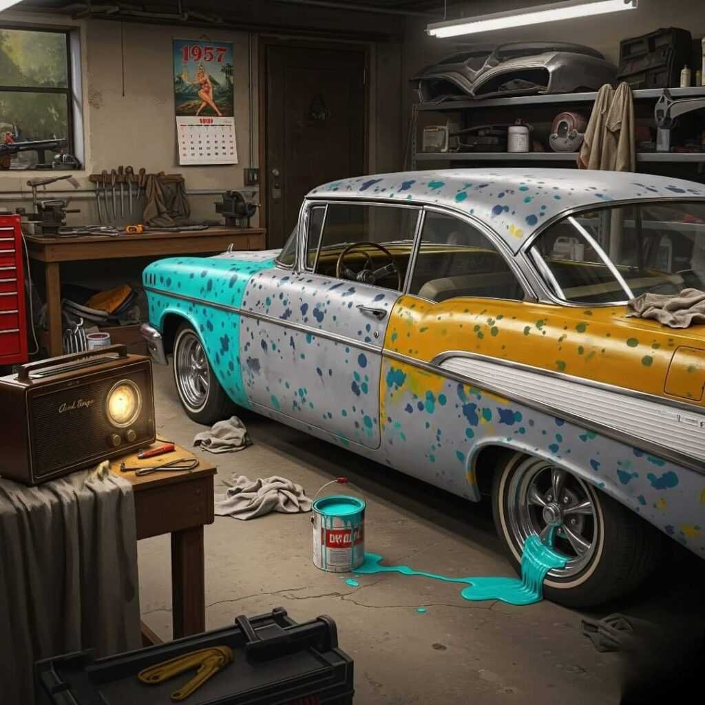 An impressionistic digital painting of a half-restored Chevrolet Bel Air in a garage with a spilled paint can, a radio, and a 1957 calendar.