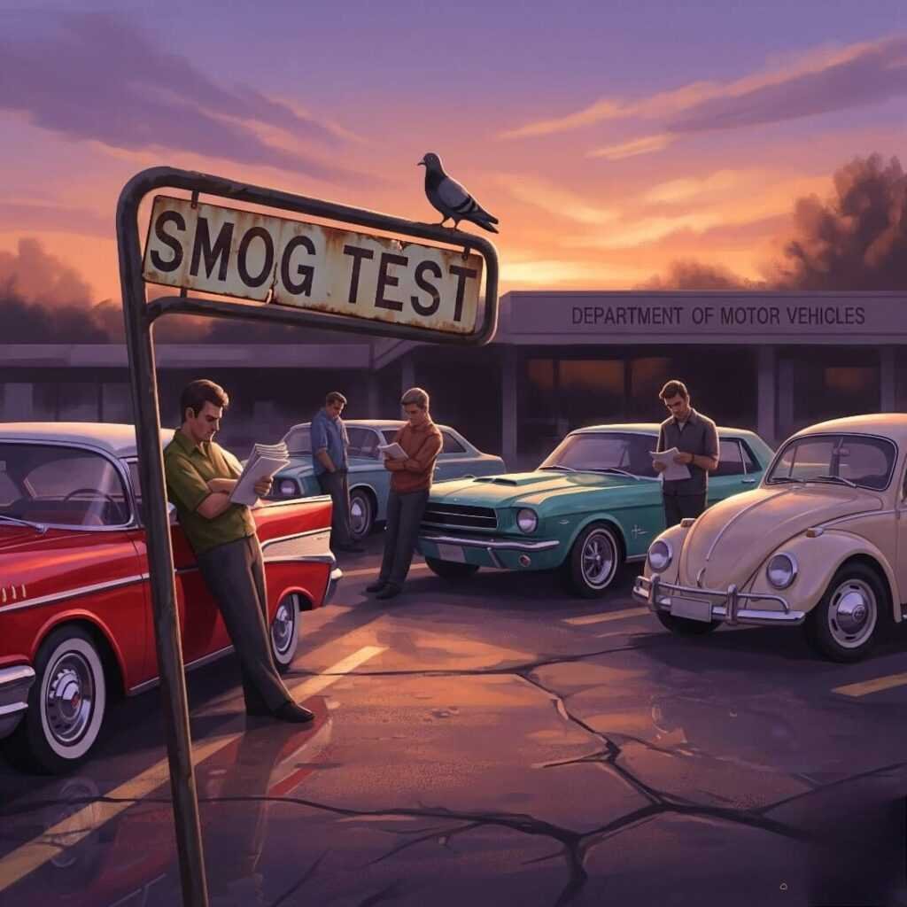 A digital painting of a California DMV lot at dusk, with vintage car owners and a pigeon pecking at a "Smog Test" sign.