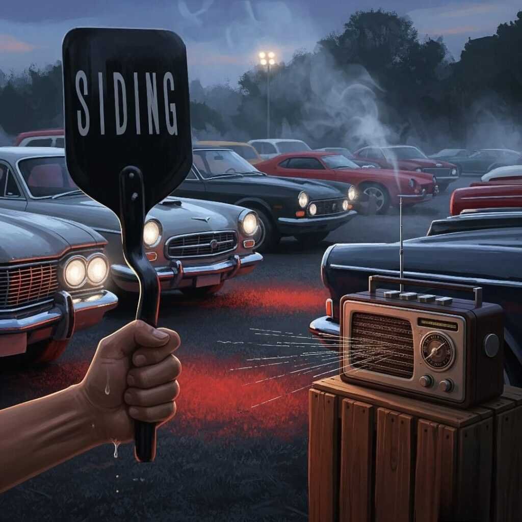 An impressionistic digital painting of a chaotic auction lot at dusk, with a hand holding a bidding paddle and a radio on a crate.