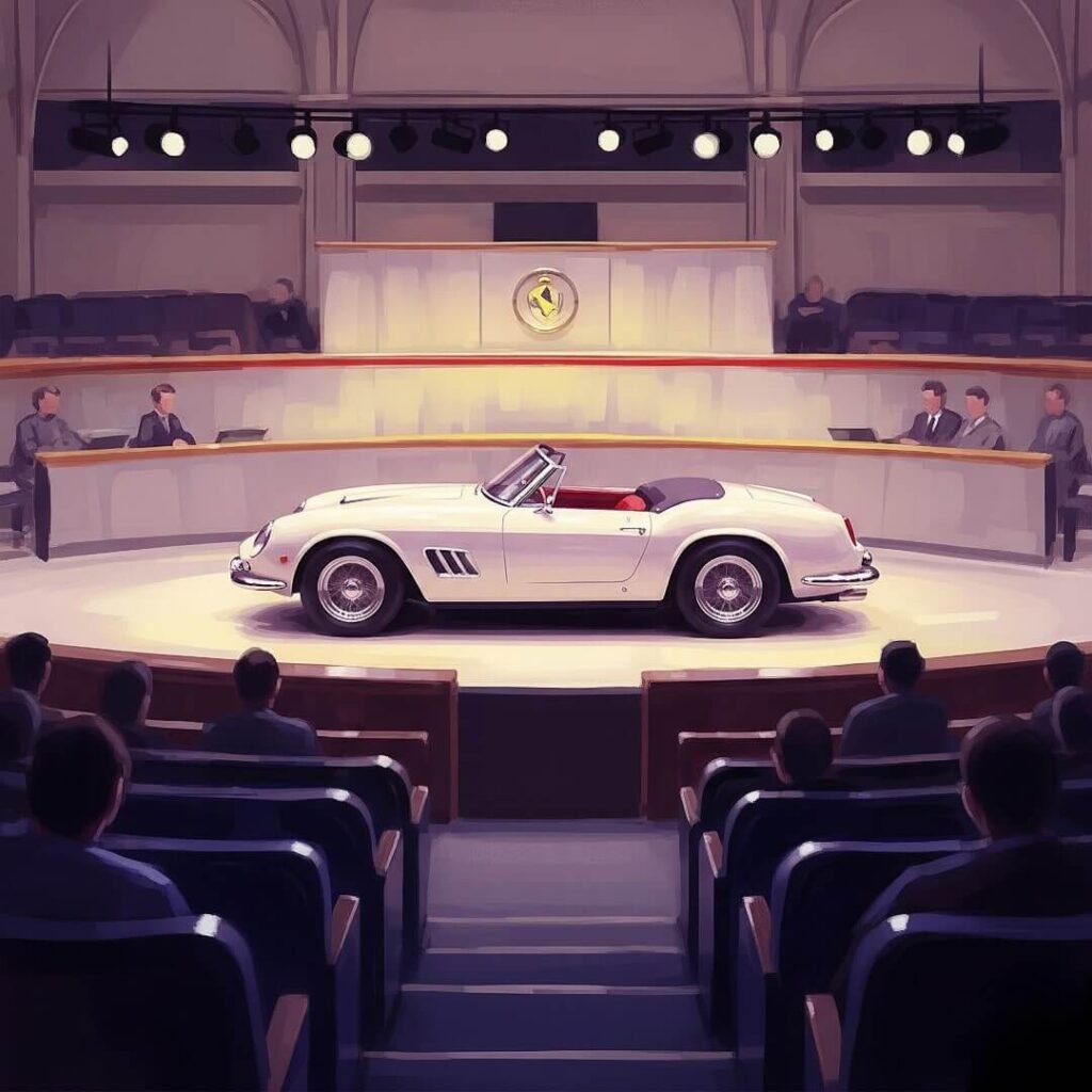 An impressionistic digital painting of a 1961 Ferrari 250 GT California Spider on an auction block, viewed from the audience.