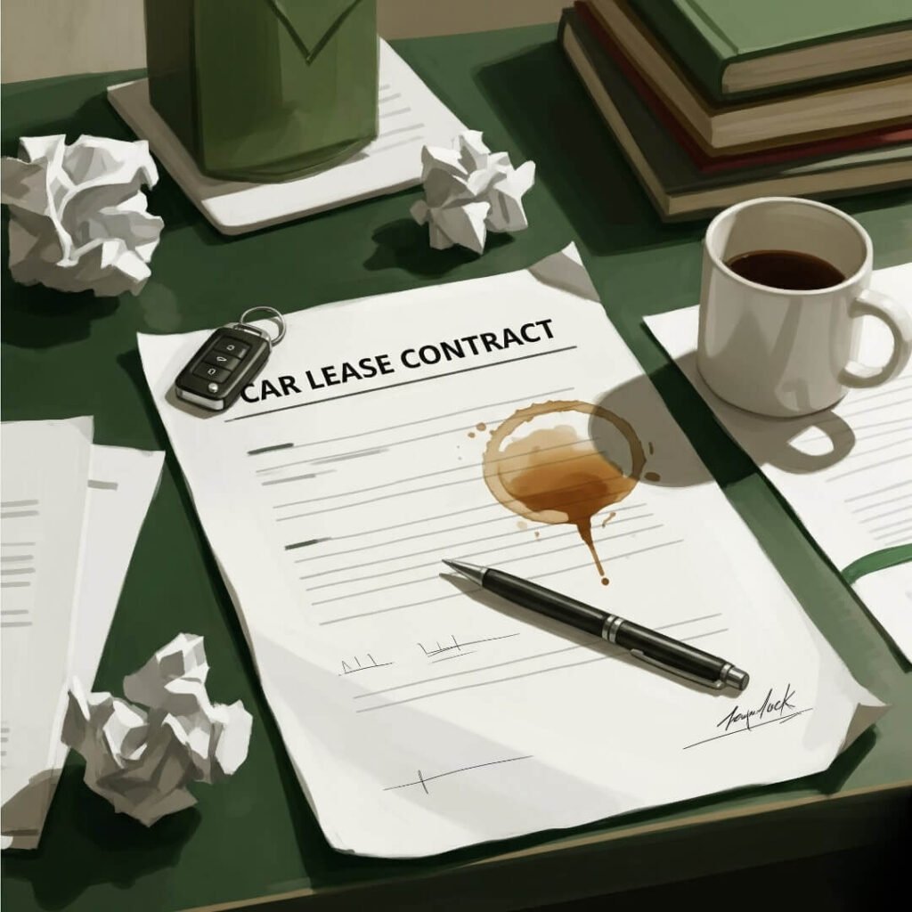 An impressionistic digital painting of a car lease contract on a cluttered desk, with a coffee stain, a pen, and a car key dangling from the page.