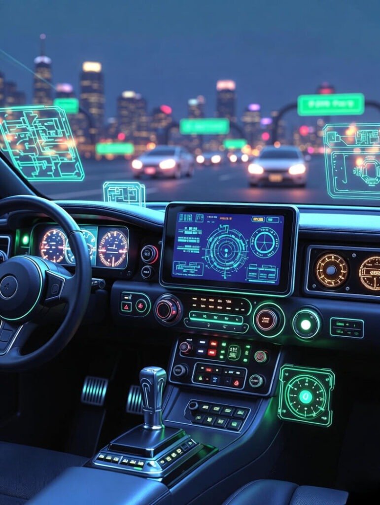 Glitchy angel hologram, exploding fries, rainy brake lights.