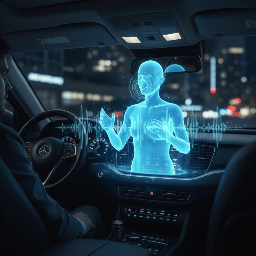 Torso-sized holographic figure speaks to driver with waveforms.