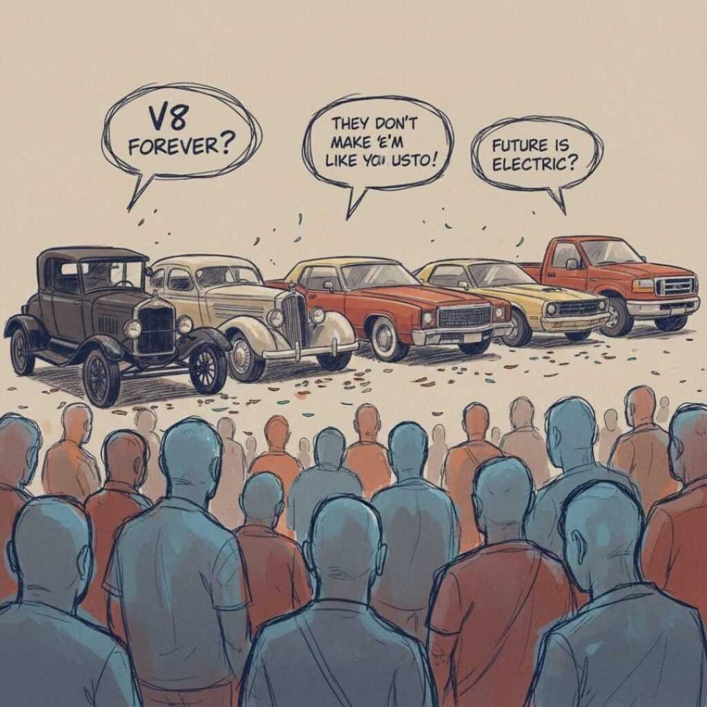 Cartoon cars, crowd, speech bubbles, confetti.