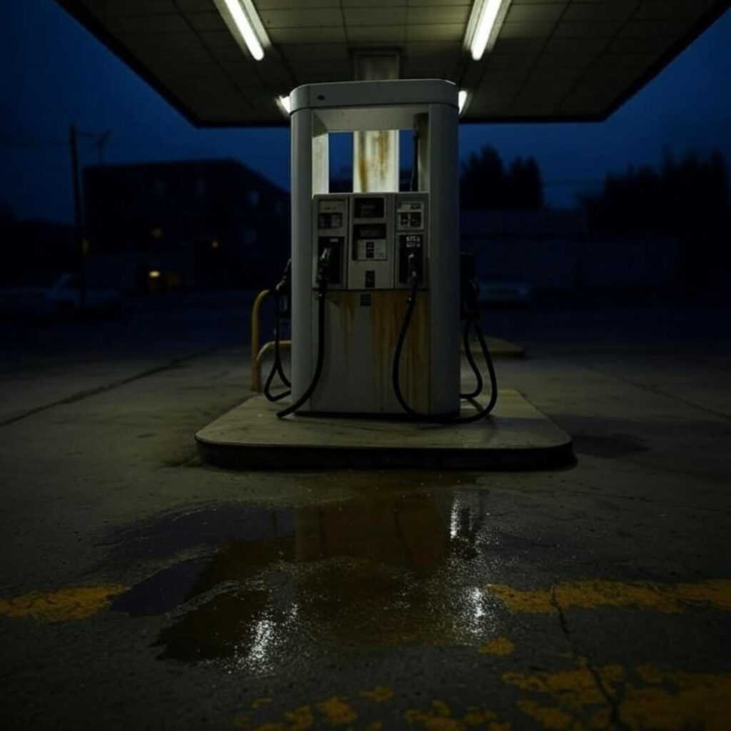 Lone hydrogen pump, blurry shadow in coffee-stained puddle.