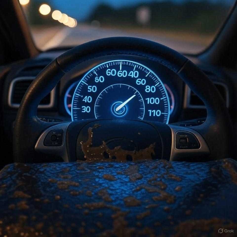 Holographic speedometer floats above coffee-stained seat.