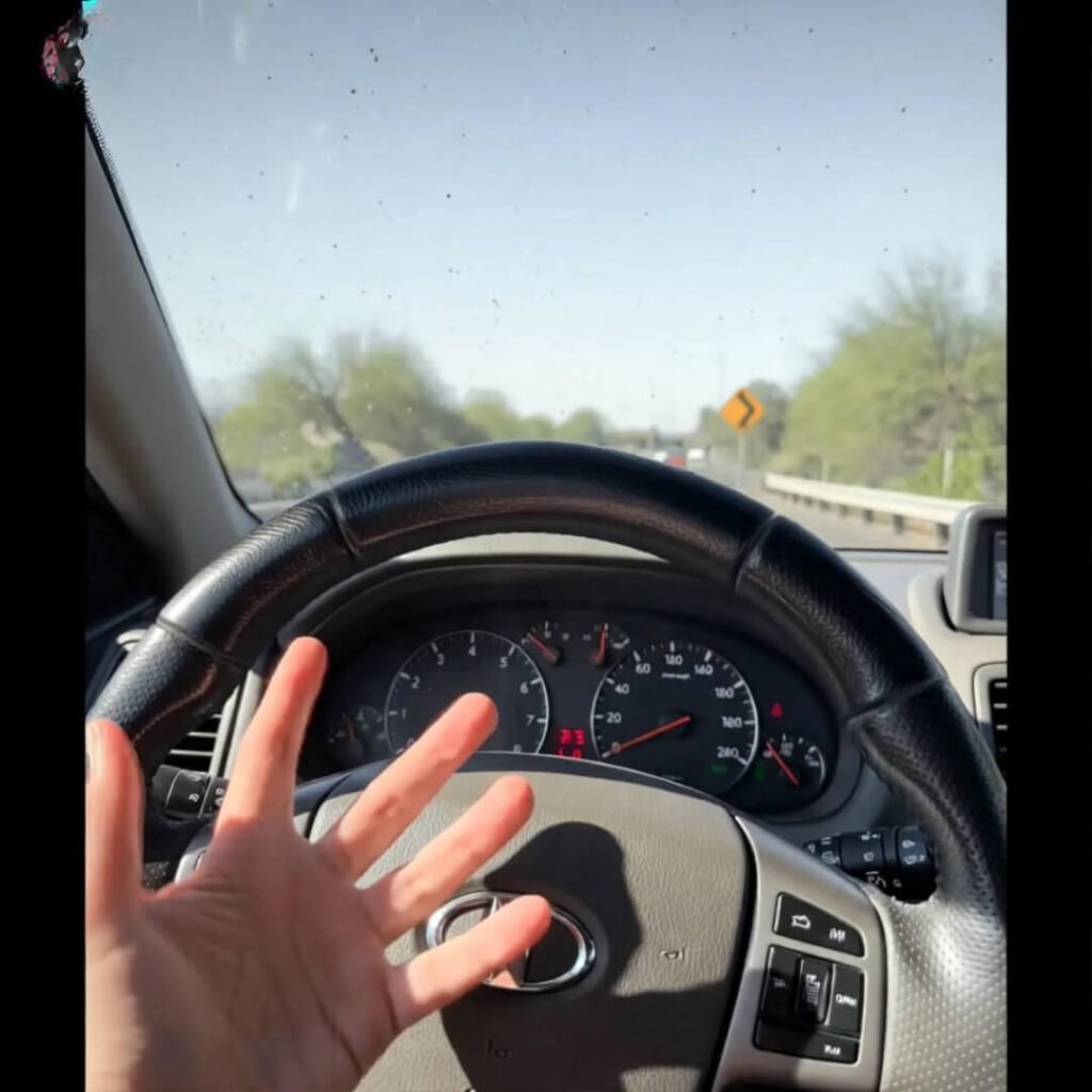 TikTok still: steering wheel turns itself, nervous jazz hands.