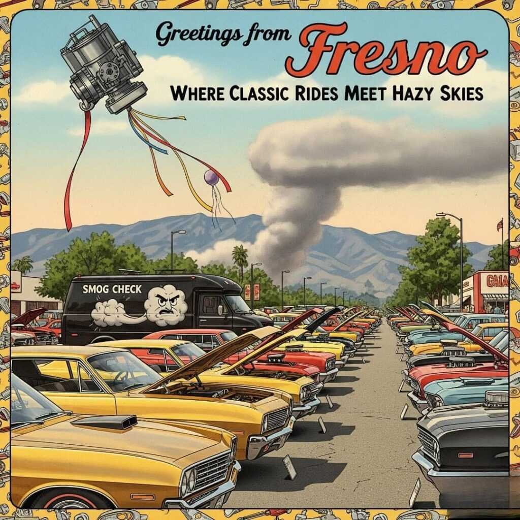 A vintage-inspired postcard of a car show in Fresno, with classic cars, a smog check van, and a carburetor-shaped balloon.