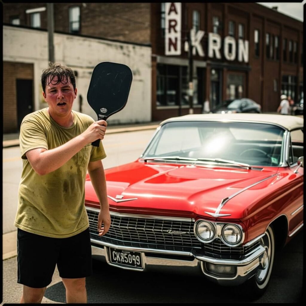 A shaky, overexposed photo of a red-faced person in Akron, holding a paddle wrong, with a ‘62 Cadillac DeVille behind them.