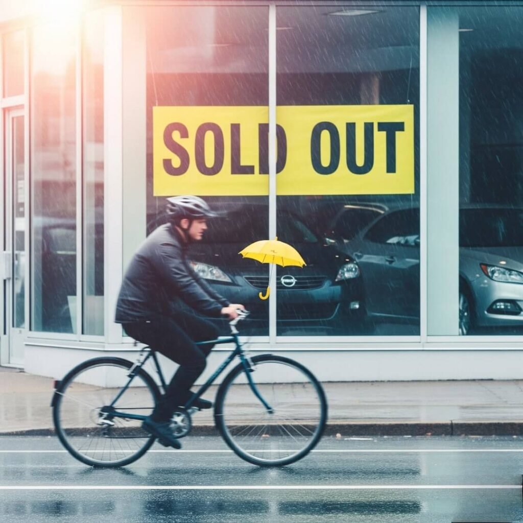A high-resolution image of a person on a bicycle, biking past a car dealership in the rain, with a smug "SOLD OUT" sign in the window. A tiny umbrella is on the bike. The tone is wryly humorous, and the palette mixes rainy grays with a splash of ironic yellow.