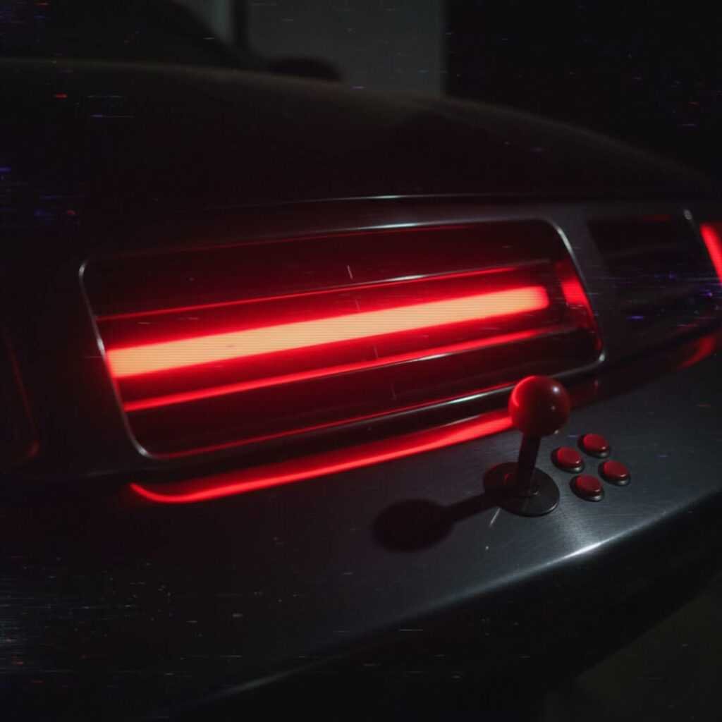 KITT scanner light, arcade joystick shadow, glitch effect.
