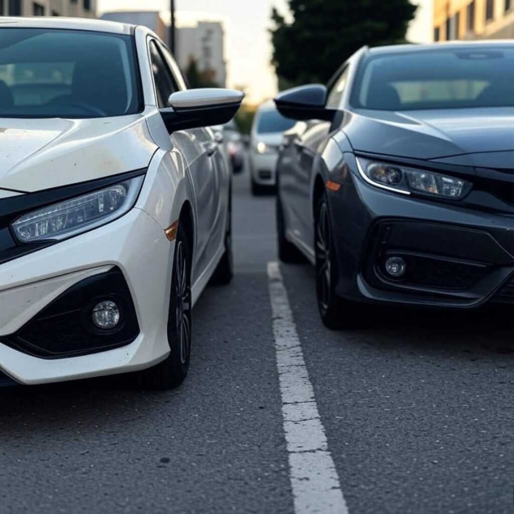 Coffee-stained Civic hood, sleek EV, curb view.