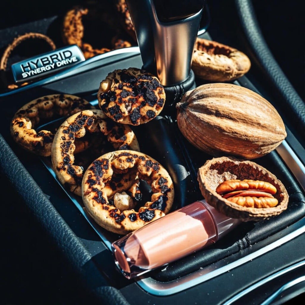 Chaotic center console with pecan and badge.