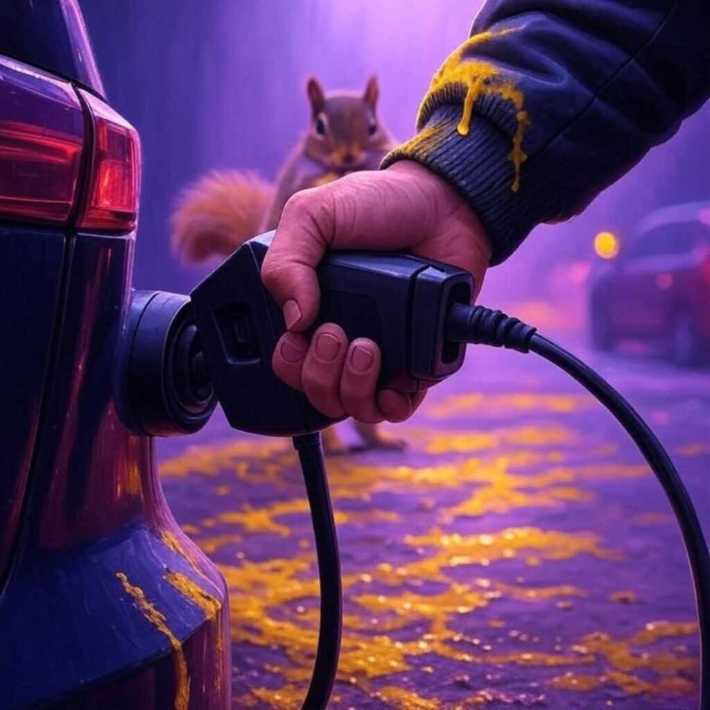 Clumsy hand plugs EV, mustard stain, judging squirrel.
