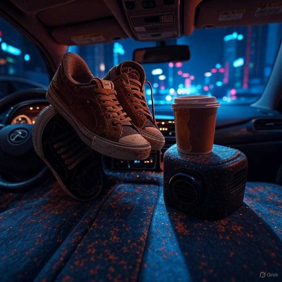 Cyberpunk car interior, scuffed sneakers, spilled coffee.