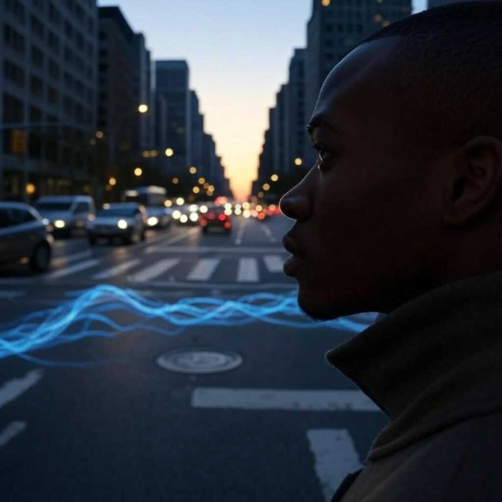 Pedestrian awestruck by quantum traffic streams at dusk.