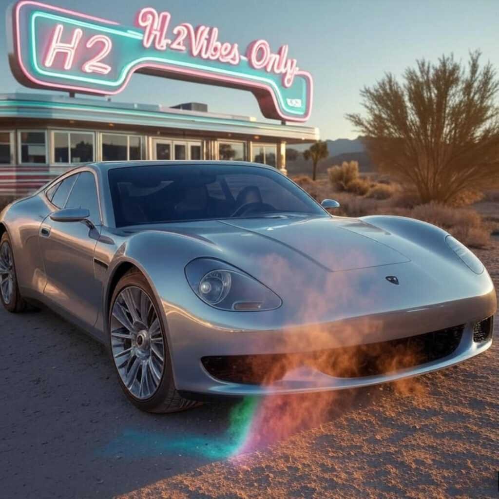 Hydrogen car, rainbow exhaust, vintage diner sign glow.